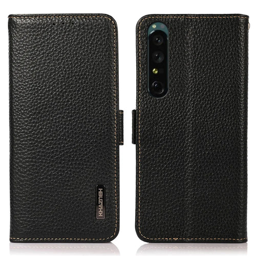 KHAZNEH For Sony Xperia 1 V Genuine Leather Phone Case RFID Blocking Anti-scratch Flip Cover Stand Wallet - Black - 1