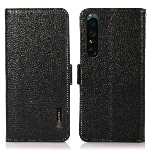 KHAZNEH For Sony Xperia 1 V Genuine Leather Phone Case RFID Blocking Anti-scratch Flip Cover Stand Wallet - Black - 1