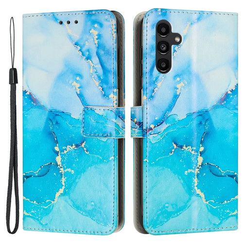 For Samsung Galaxy A34 5G Leather Phone Cover Stand Wallet Marble Pattern Phone Case with Strap - Blue  /  Green - 1