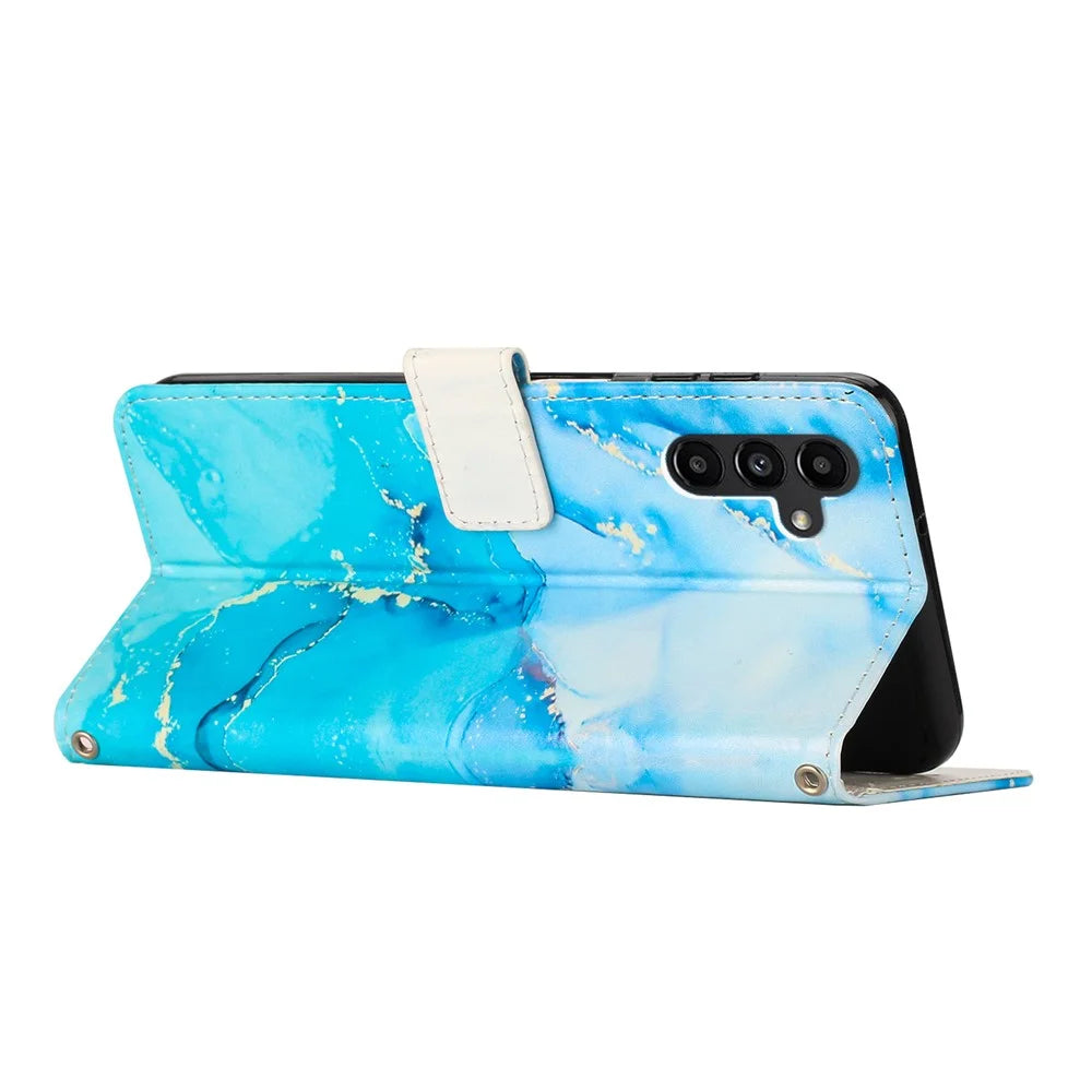 For Samsung Galaxy A34 5G Leather Phone Cover Stand Wallet Marble Pattern Phone Case with Strap - Blue  /  Green - 3