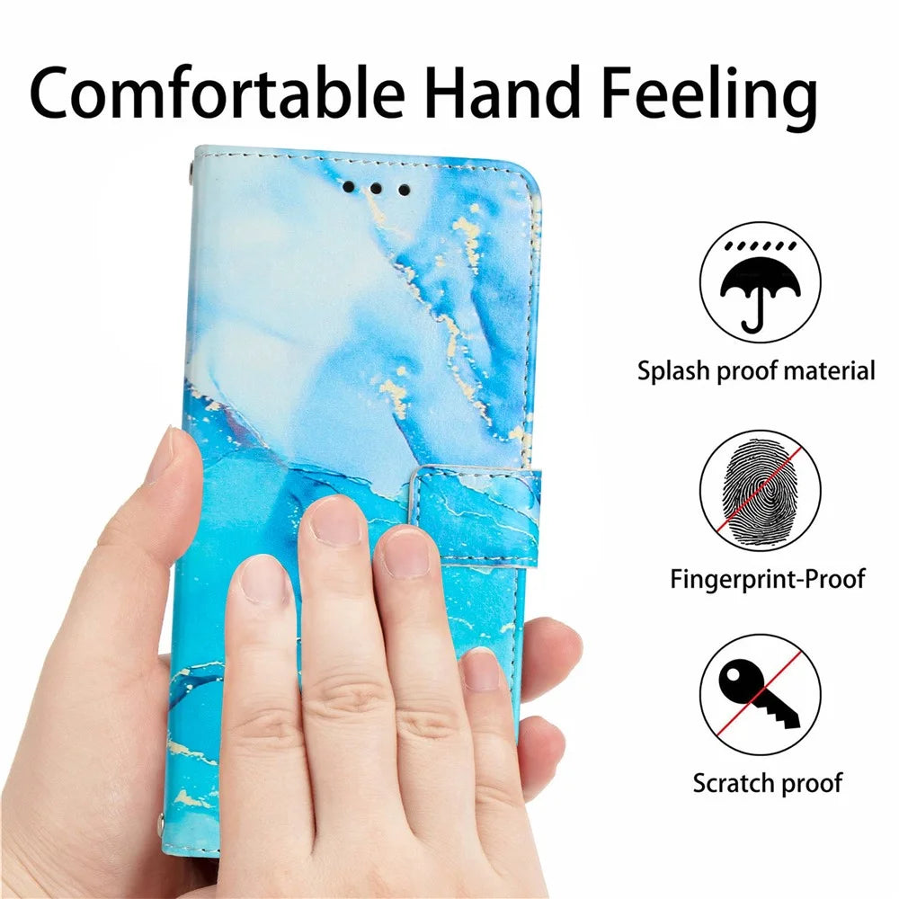 For Samsung Galaxy A34 5G Leather Phone Cover Stand Wallet Marble Pattern Phone Case with Strap - Blue  /  Green - 6