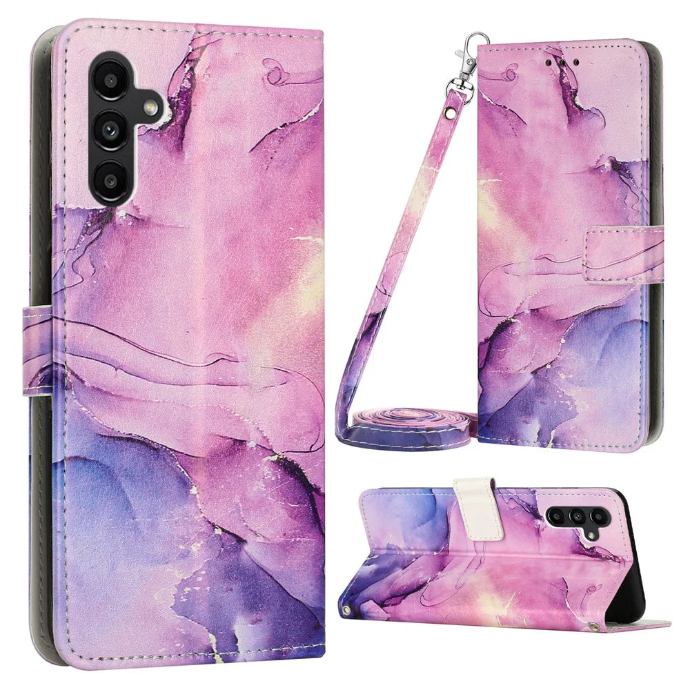 For Samsung Galaxy A34 5G Marble Pattern Phone Cover Stand Wallet Leather Case with Shoulder Strap - Purple - 1