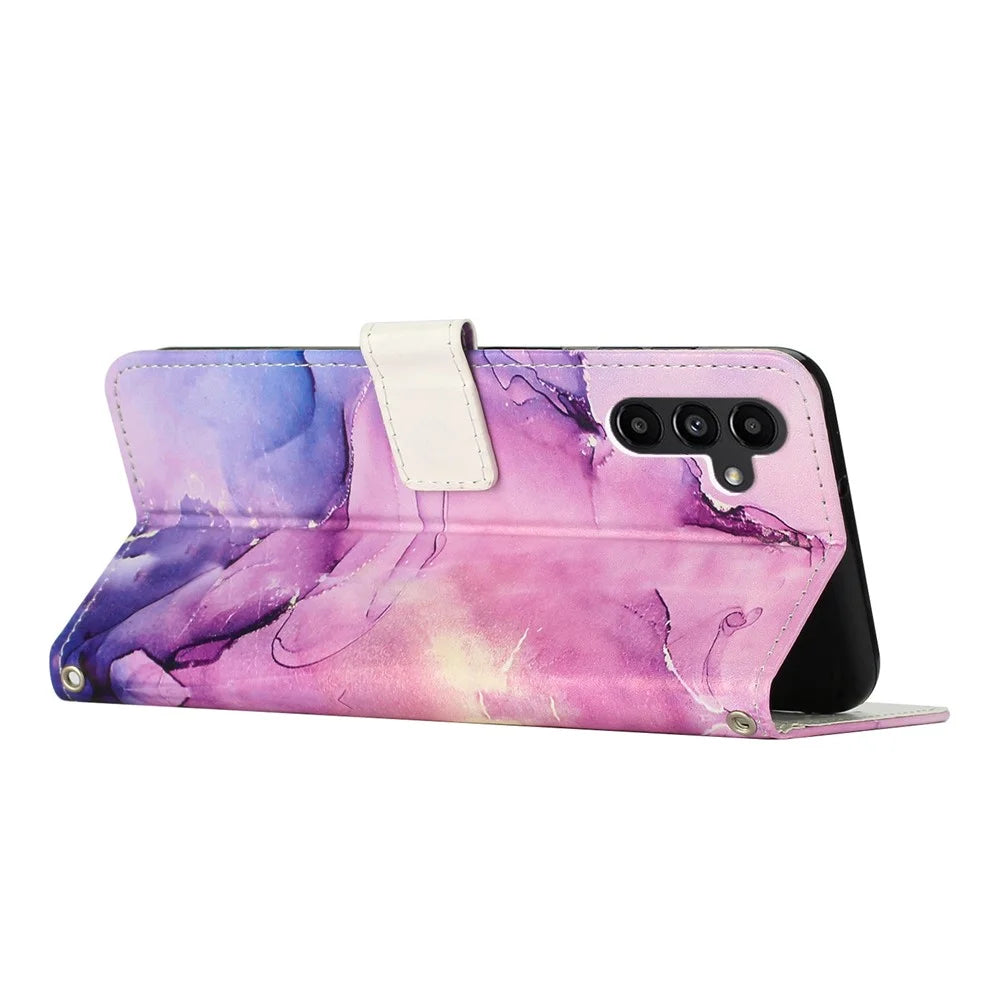 For Samsung Galaxy A34 5G Marble Pattern Phone Cover Stand Wallet Leather Case with Shoulder Strap - Purple - 3
