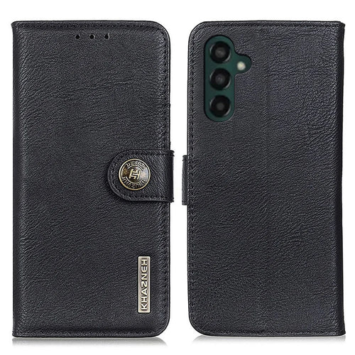 KHAZNEH Flip Leather Phone Case For Samsung Galaxy A24 4G (162.1 x 77.6 x 8.3mm) Cowhide Texture Phone Cover Wallet Stand - Black - 1
