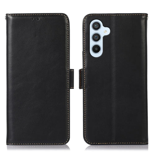 Anti-drop Phone Cover For Samsung Galaxy A24 4G (162.1 x 77.6 x 8.3mm) RFID Blocking Genuine Cowhide Leather Case Wallet Stand - Black - 1