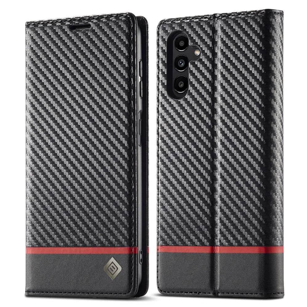LC.IMEEKE for Samsung Galaxy A14 4G / 5G Carbon Fiber Texture Anti-drop Phone Case Leather Wallet Stand Phone Cover - Horizontal Stripe - 1
