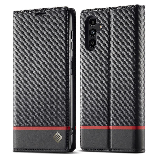 LC.IMEEKE for Samsung Galaxy A14 4G / 5G Carbon Fiber Texture Anti-drop Phone Case Leather Wallet Stand Phone Cover - Horizontal Stripe - 1