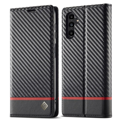 LC.IMEEKE for Samsung Galaxy A14 4G / 5G Carbon Fiber Texture Anti-drop Phone Case Leather Wallet Stand Phone Cover - Horizontal Stripe - 1
