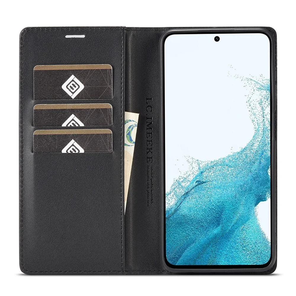 LC.IMEEKE for Samsung Galaxy A14 4G / 5G Carbon Fiber Texture Anti-drop Phone Case Leather Wallet Stand Phone Cover - Horizontal Stripe - 2