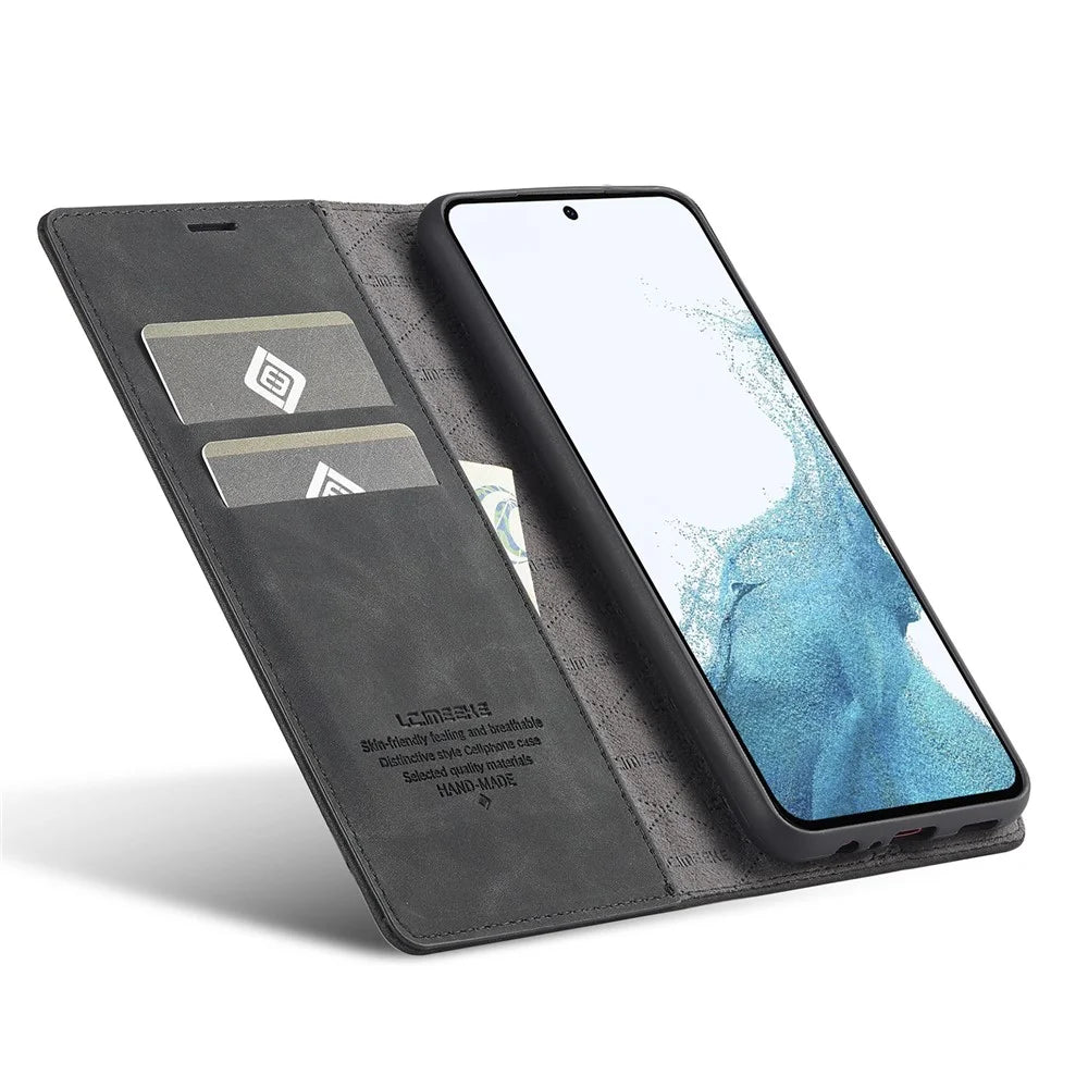 LC.IMEEKE Magnetic Closure Phone Case For Samsung Galaxy A14 4G / 5G , PU Leather Cell Phone Cover Wallet Stand  - Black - 3