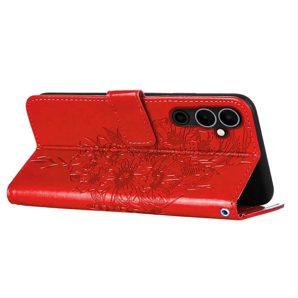 For TECNO Pova Neo 2 4G Wallet Case with Wrist Strap Butterfly Imprint Leather Phone Cover - Red - 4
