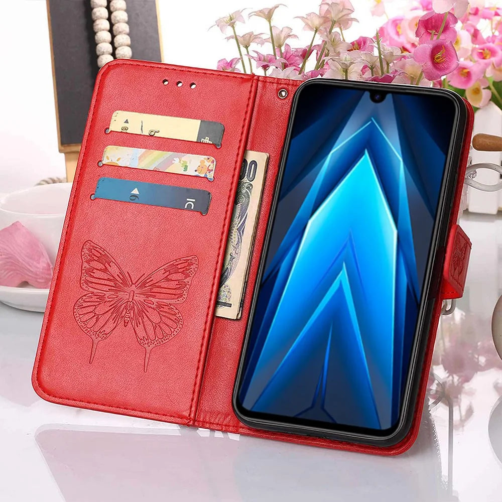 For TECNO Pova Neo 2 4G Wallet Case with Wrist Strap Butterfly Imprint Leather Phone Cover - Red - 5
