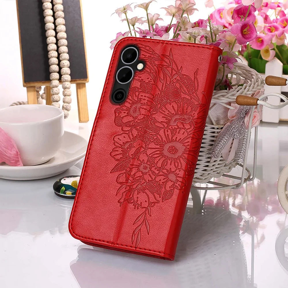 For TECNO Pova Neo 2 4G Wallet Case with Wrist Strap Butterfly Imprint Leather Phone Cover - Red - 6