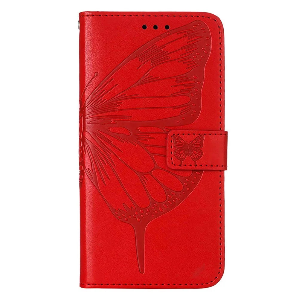 For TECNO Pova Neo 2 4G Wallet Case with Wrist Strap Butterfly Imprint Leather Phone Cover - Red - 7
