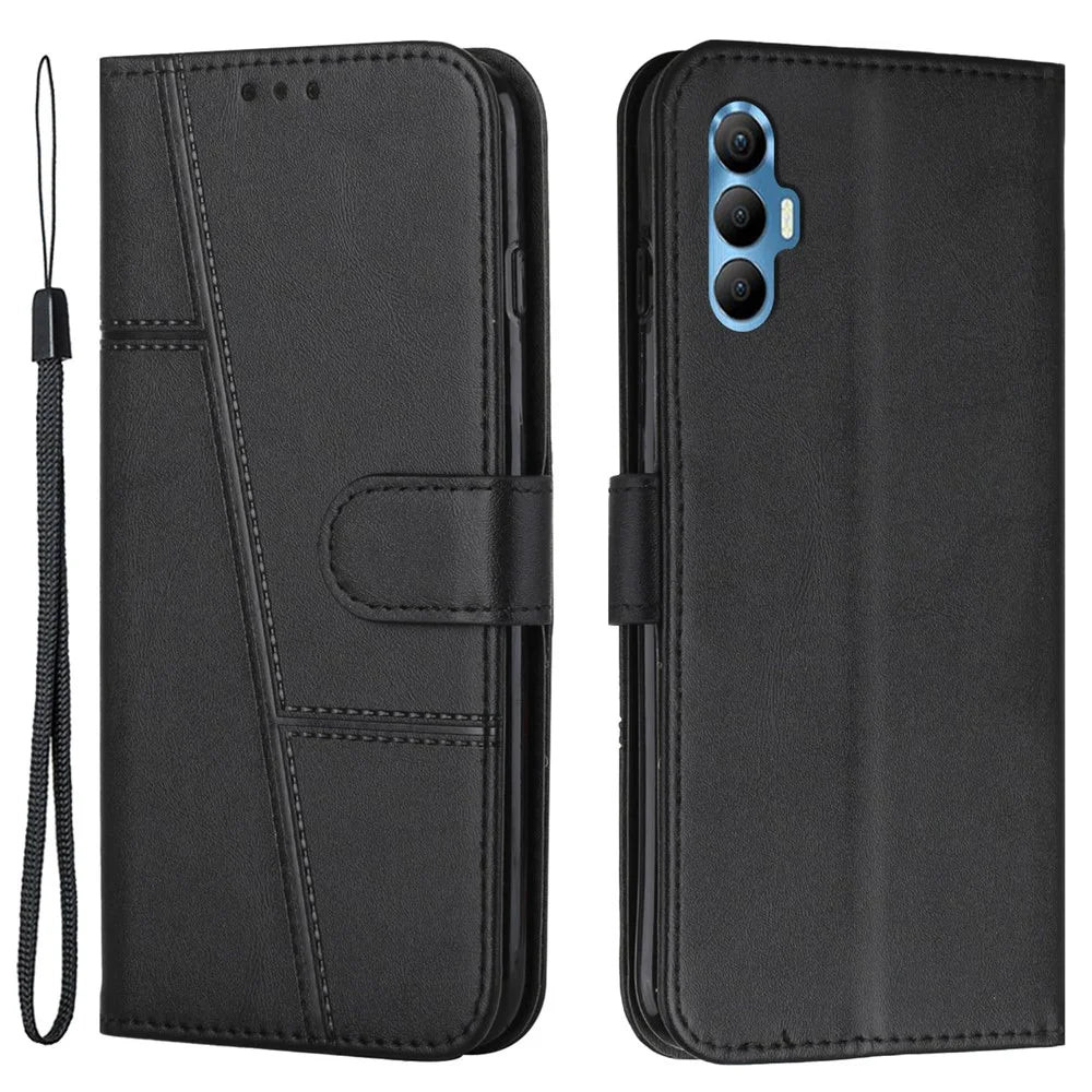 PU Leather Phone Cover For TECNO Spark 8P , Stand Wallet Full Protection Cell Phone Case with Strap - Black - 1