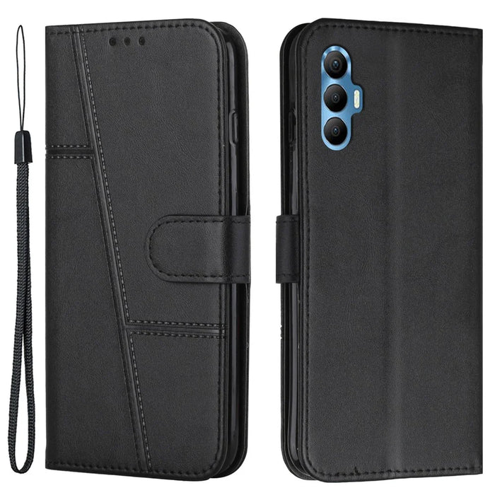 PU Leather Phone Cover For TECNO Spark 8P , Stand Wallet Full Protection Cell Phone Case with Strap - Black - 1