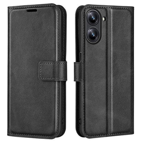 For Realme 10 4G Wallet Phone Case Magnetic Clasp Calf Texture PU Leather Stand Phone Cover - Black - 1