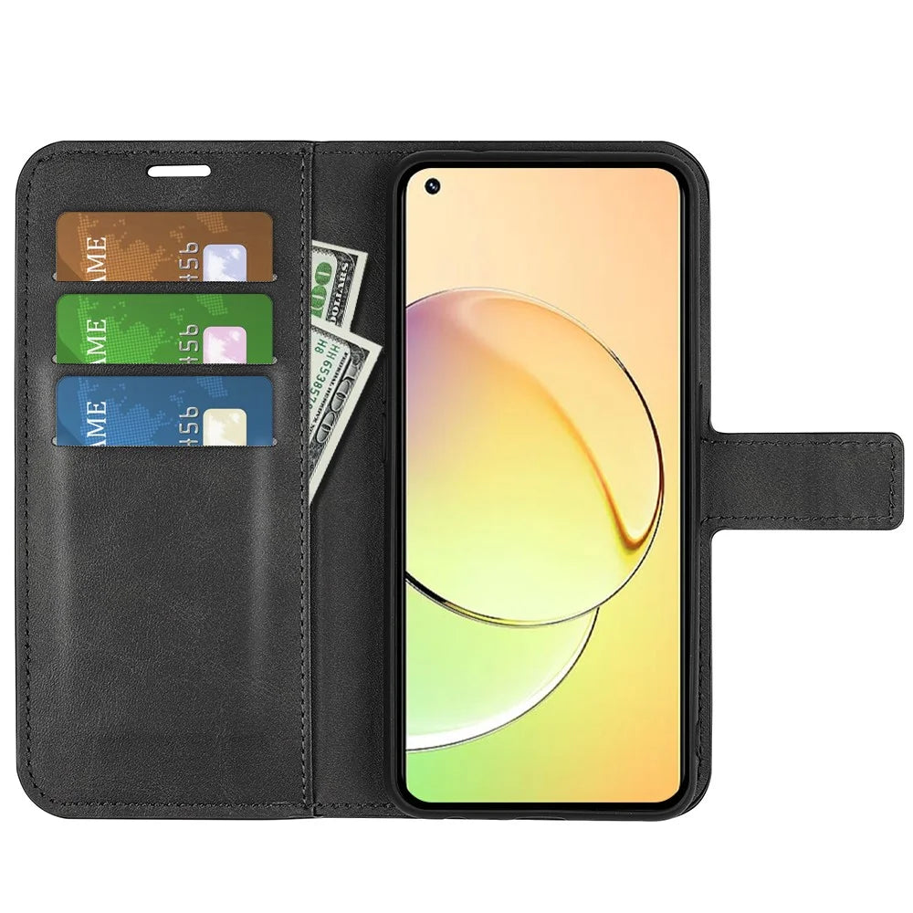 For Realme 10 4G Wallet Phone Case Magnetic Clasp Calf Texture PU Leather Stand Phone Cover - Black - 2