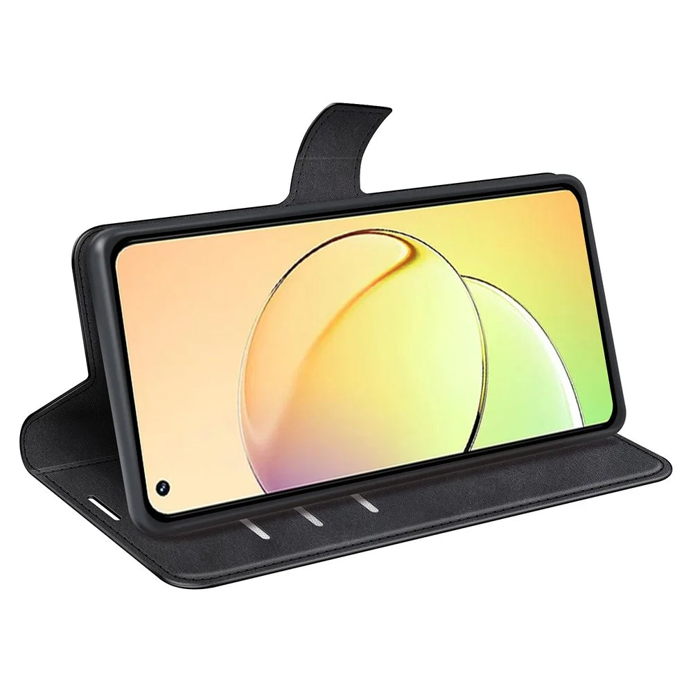 For Realme 10 4G Wallet Phone Case Magnetic Clasp Calf Texture PU Leather Stand Phone Cover - Black - 3