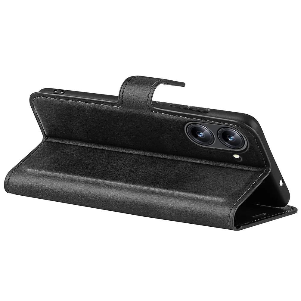 For Realme 10 4G Wallet Phone Case Magnetic Clasp Calf Texture PU Leather Stand Phone Cover - Black - 4