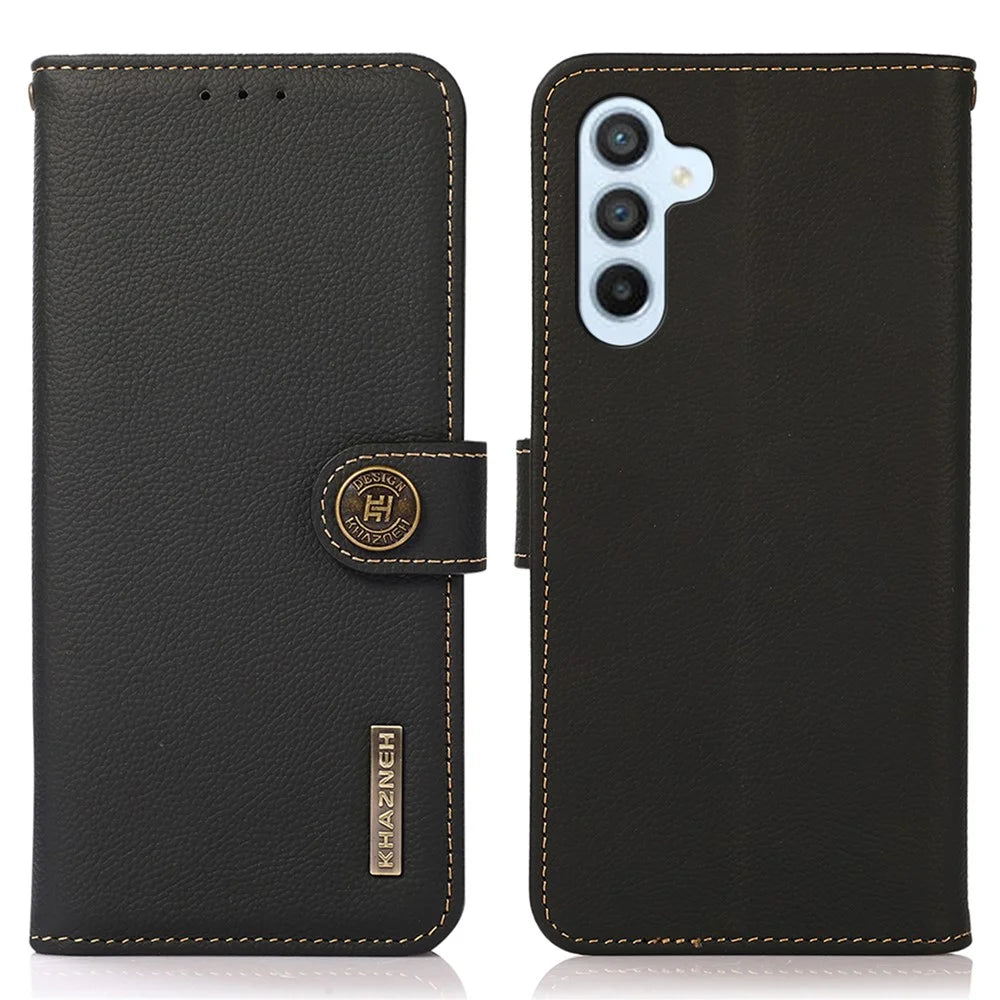 KHAZNEH For Samsung Galaxy A34 5G Phone Stand Case Wallet Genuine Cow Leather RFID Blocking Cover - Black - 1