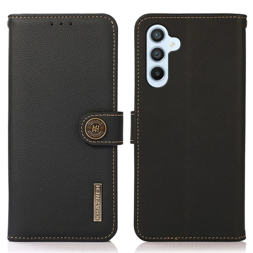 KHAZNEH For Samsung Galaxy A34 5G Phone Stand Case Wallet Genuine Cow Leather RFID Blocking Cover - Black - 1