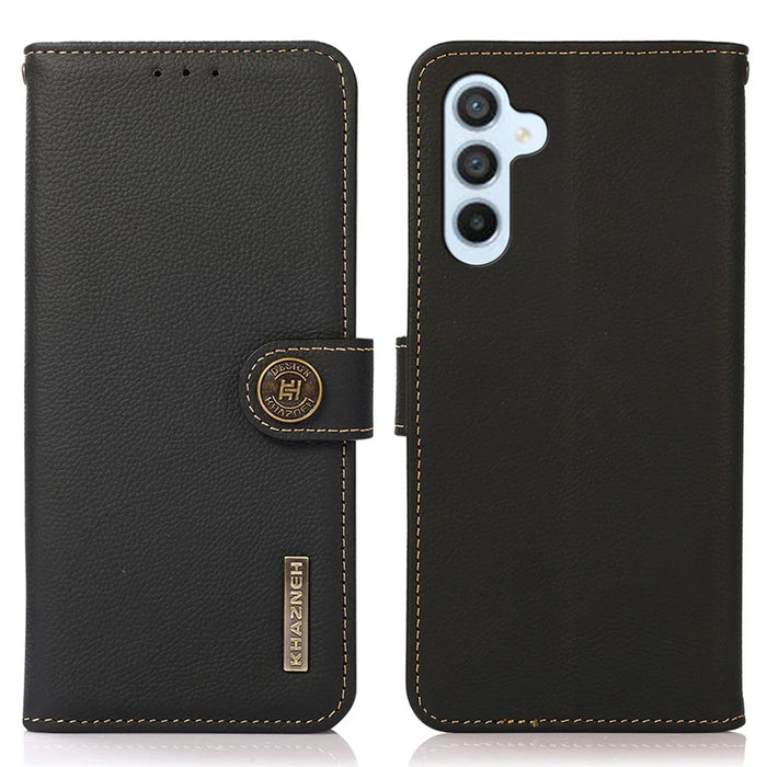 KHAZNEH For Samsung Galaxy A34 5G Phone Stand Case Wallet Genuine Cow Leather RFID Blocking Cover - Black - 1