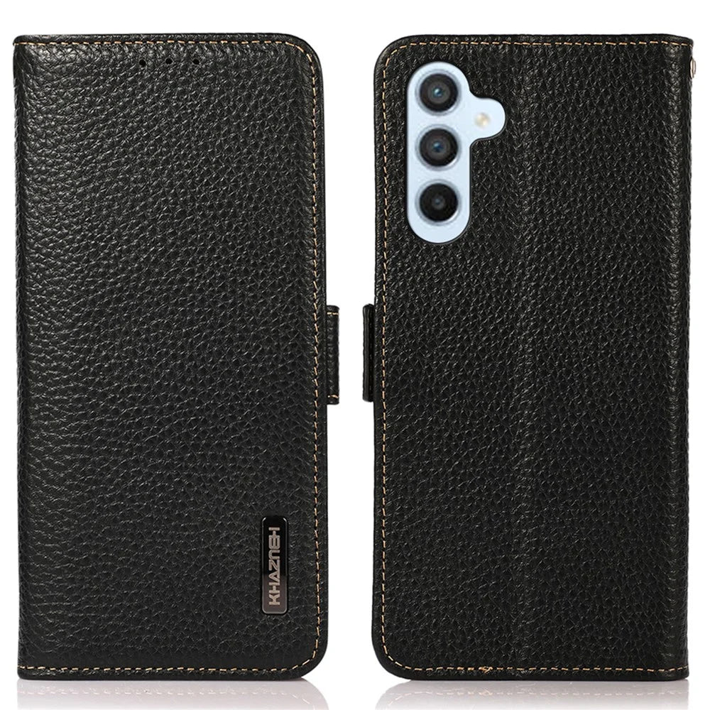 KHAZNEH For Samsung Galaxy A34 5G RFID Blocking Phone Wallet Case Genuine Cow Leather Stand Phone Cover - Black - 1