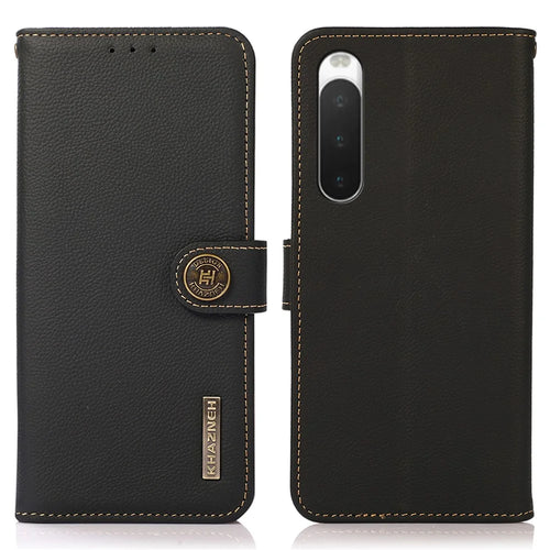 KHAZNEH For Sony Xperia 10 V RFID Blocking Phone Case Wallet Stand Genuine Cow Leather Cover - Black - 1