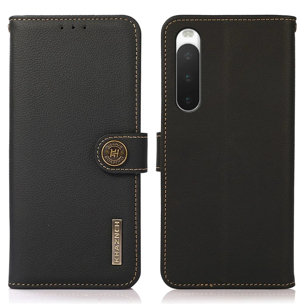 KHAZNEH For Sony Xperia 10 V RFID Blocking Phone Case Wallet Stand Genuine Cow Leather Cover - Black - 1