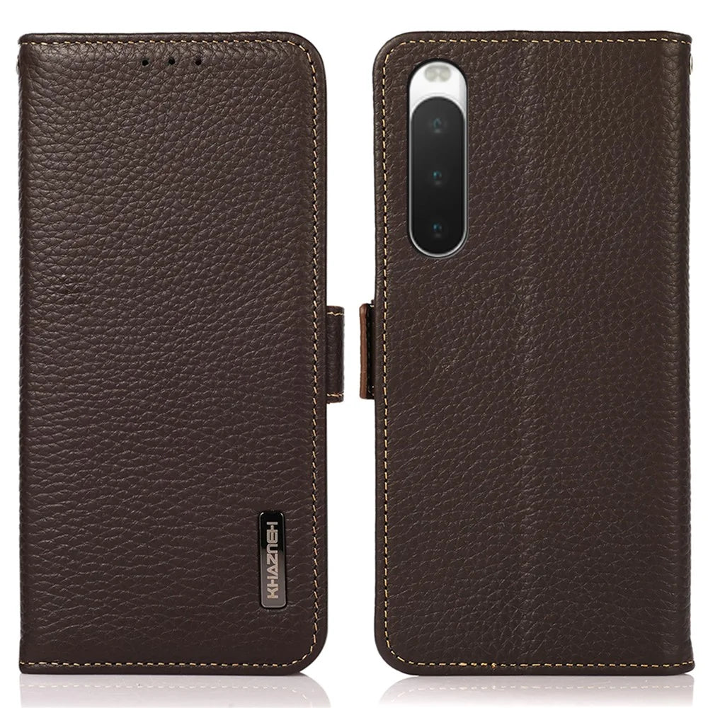 KHAZNEH For Sony Xperia 10 V Stand Wallet Phone Case RFID Blocking Genuine Cow Leather Phone Cover - Brown - 1