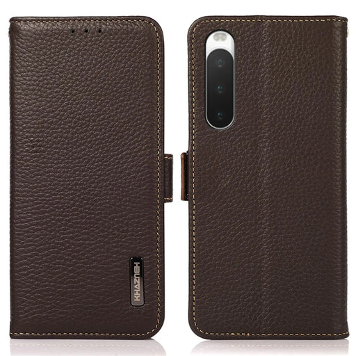 KHAZNEH For Sony Xperia 10 V Stand Wallet Phone Case RFID Blocking Genuine Cow Leather Phone Cover - Brown - 1