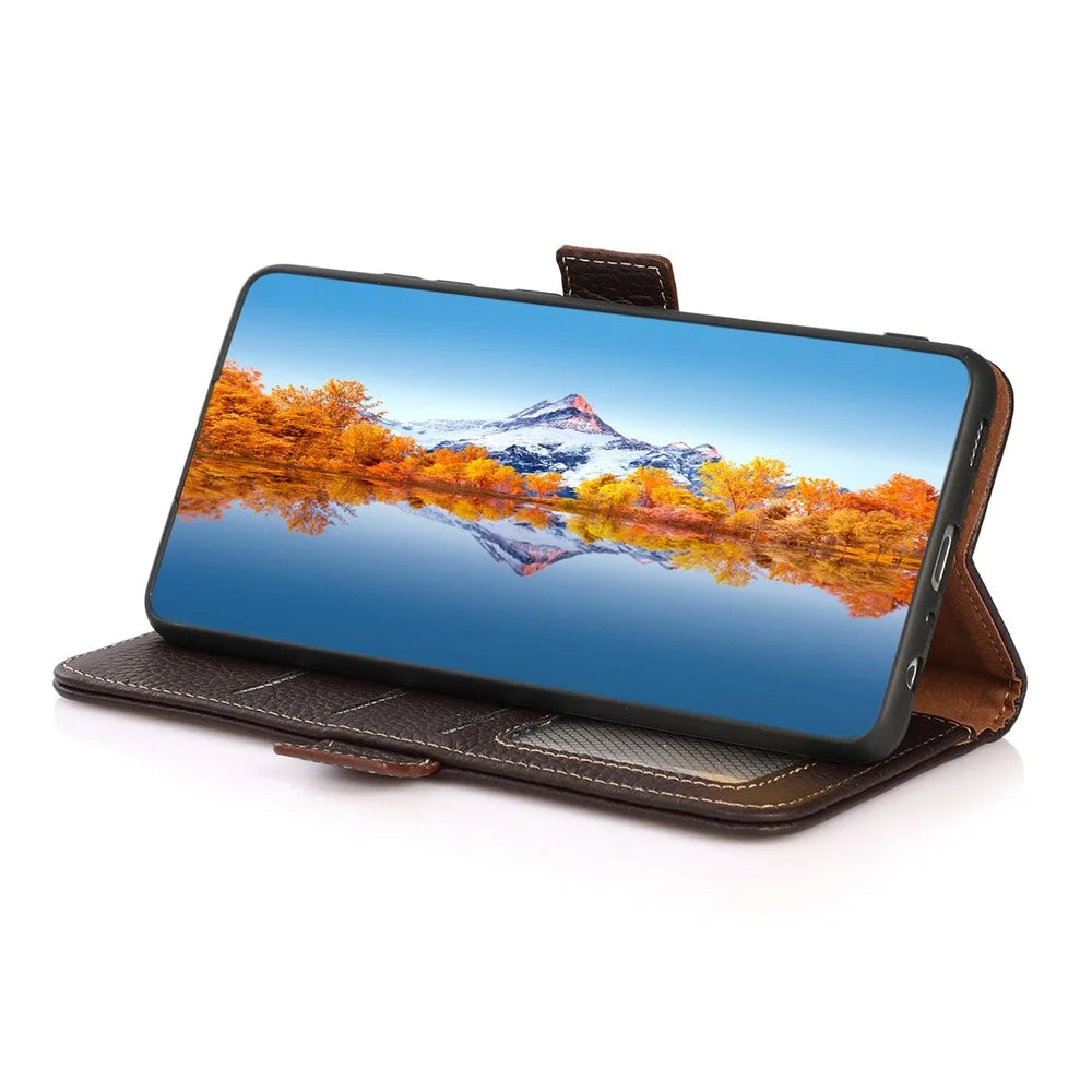 KHAZNEH For Sony Xperia 10 V Stand Wallet Phone Case RFID Blocking Genuine Cow Leather Phone Cover - Brown - 3