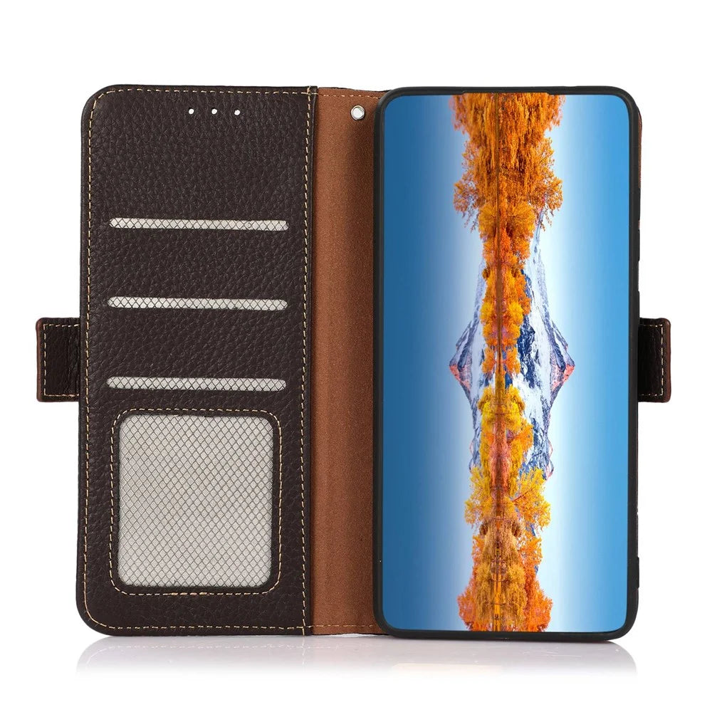 KHAZNEH For Sony Xperia 10 V Stand Wallet Phone Case RFID Blocking Genuine Cow Leather Phone Cover - Brown - 4