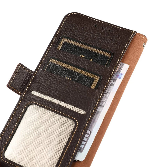 KHAZNEH For Sony Xperia 10 V Stand Wallet Phone Case RFID Blocking Genuine Cow Leather Phone Cover - Brown - 6