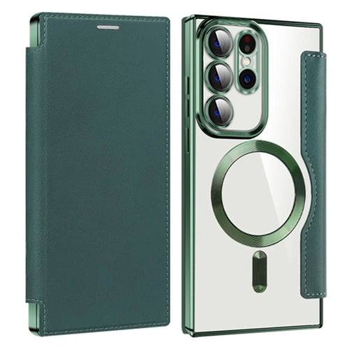 Card Holder Phone Case for Samsung Galaxy S23 Ultra Leather+TPU RFID Blocking Magnetic Phone Cover - Blackish Green - 1