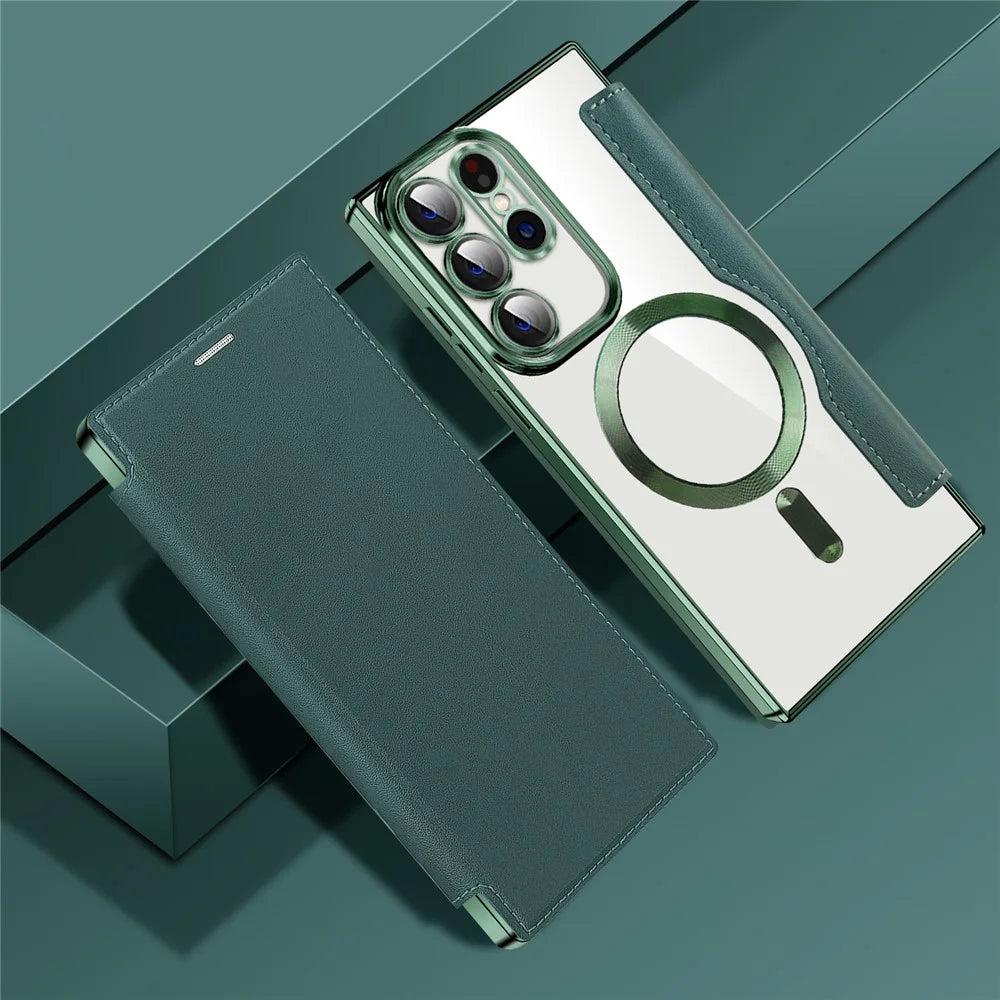Card Holder Phone Case for Samsung Galaxy S23 Ultra Leather+TPU RFID Blocking Magnetic Phone Cover - Blackish Green - 2