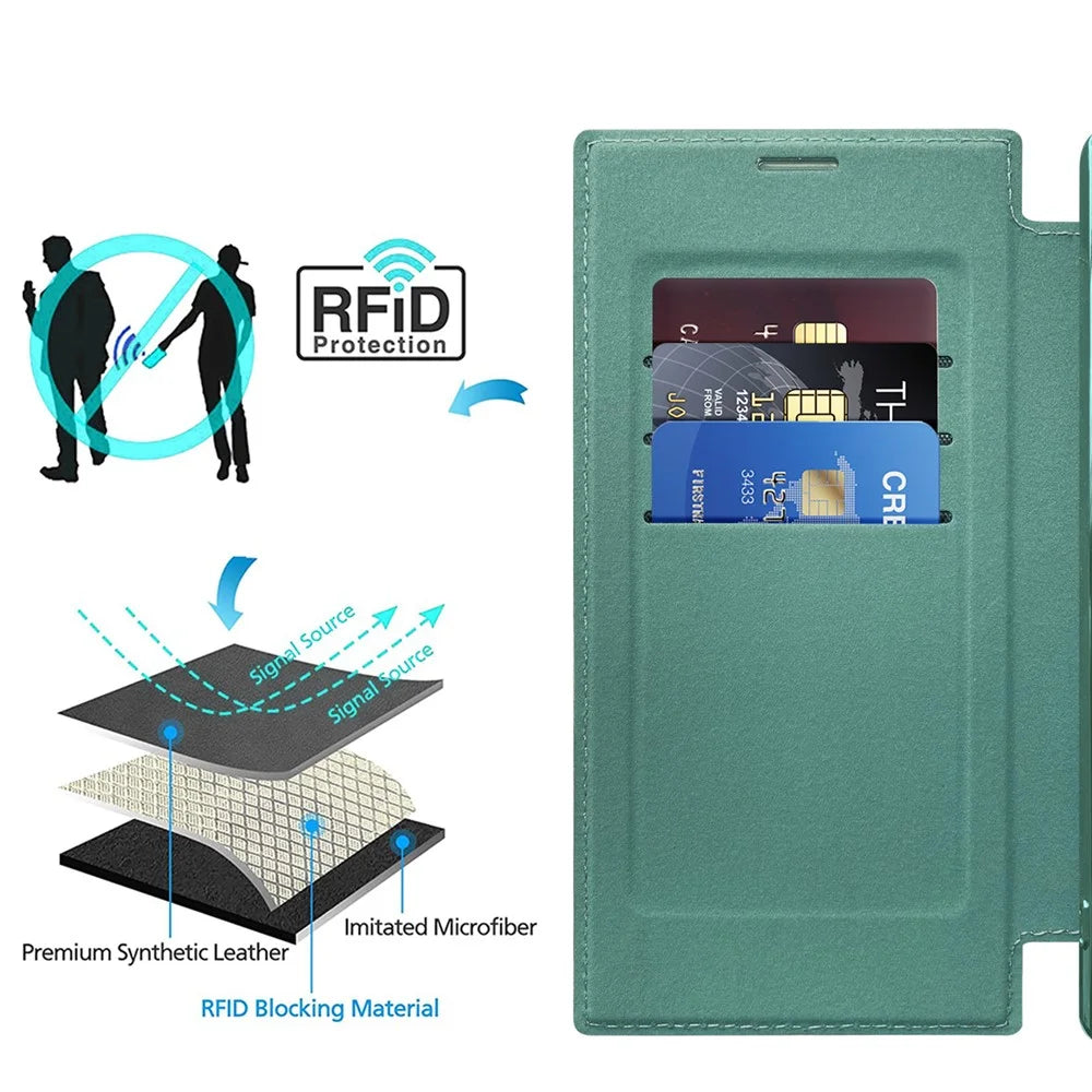 Card Holder Phone Case for Samsung Galaxy S23 Ultra Leather+TPU RFID Blocking Magnetic Phone Cover - Blackish Green - 4