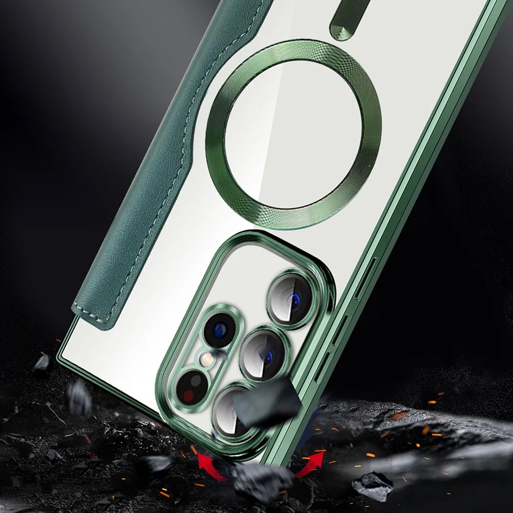 Card Holder Phone Case for Samsung Galaxy S23 Ultra Leather+TPU RFID Blocking Magnetic Phone Cover - Blackish Green - 6