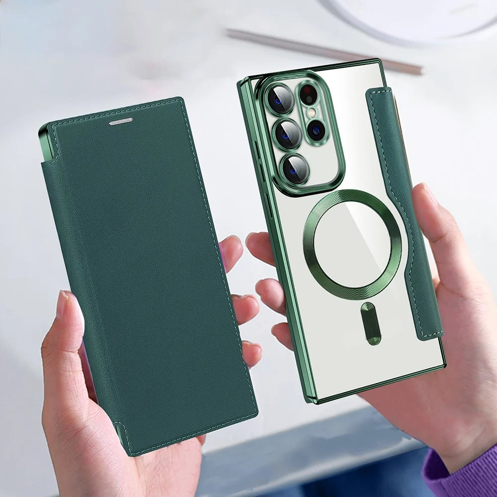 Card Holder Phone Case for Samsung Galaxy S23 Ultra Leather+TPU RFID Blocking Magnetic Phone Cover - Blackish Green - 7