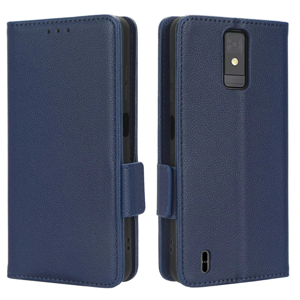 For ZTE Blade A32 Dual Magnetic Clasp Phone Cover Wallet Stand Litchi Texture PU Leather Phone Case - Dark Blue - 1