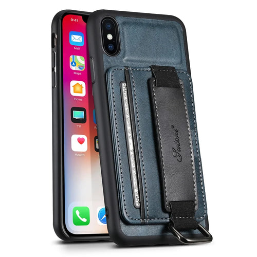 SUTENI H13 Hand Strap Kickstand Phone Case for iPhone XS Max Card Holder PU Leather Coated PC + TPU Cover - Blue - 1