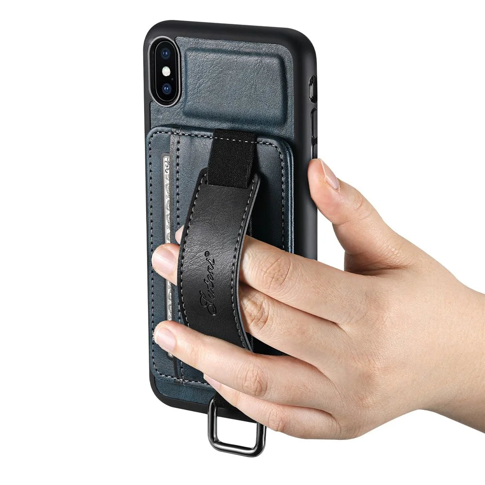 SUTENI H13 Hand Strap Kickstand Phone Case for iPhone XS Max Card Holder PU Leather Coated PC + TPU Cover - Blue - 4
