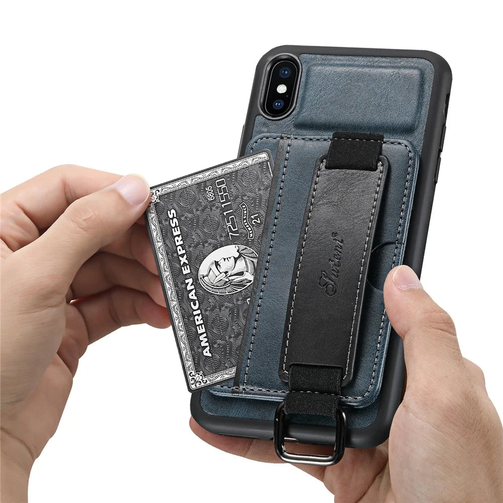 SUTENI H13 Hand Strap Kickstand Phone Case for iPhone XS Max Card Holder PU Leather Coated PC + TPU Cover - Blue - 5