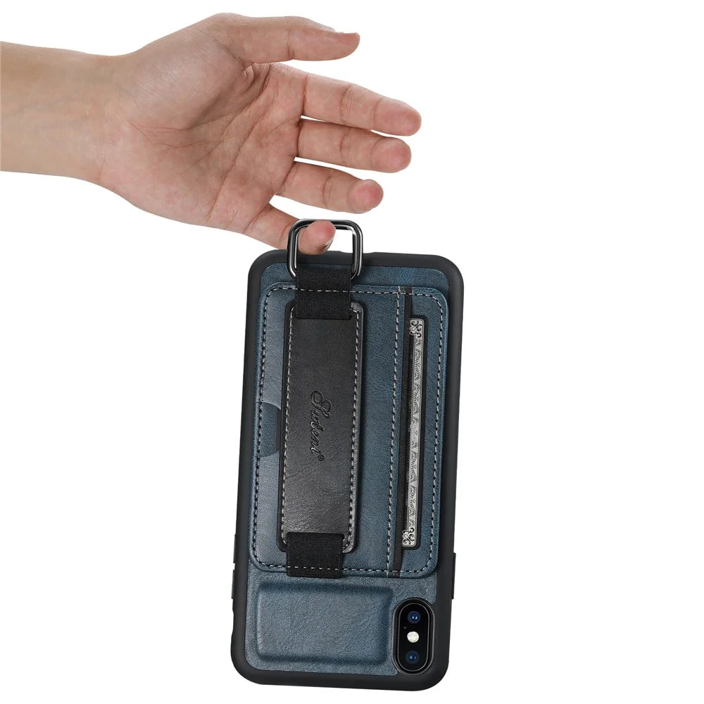 SUTENI H13 Hand Strap Kickstand Phone Case for iPhone XS Max Card Holder PU Leather Coated PC + TPU Cover - Blue - 6