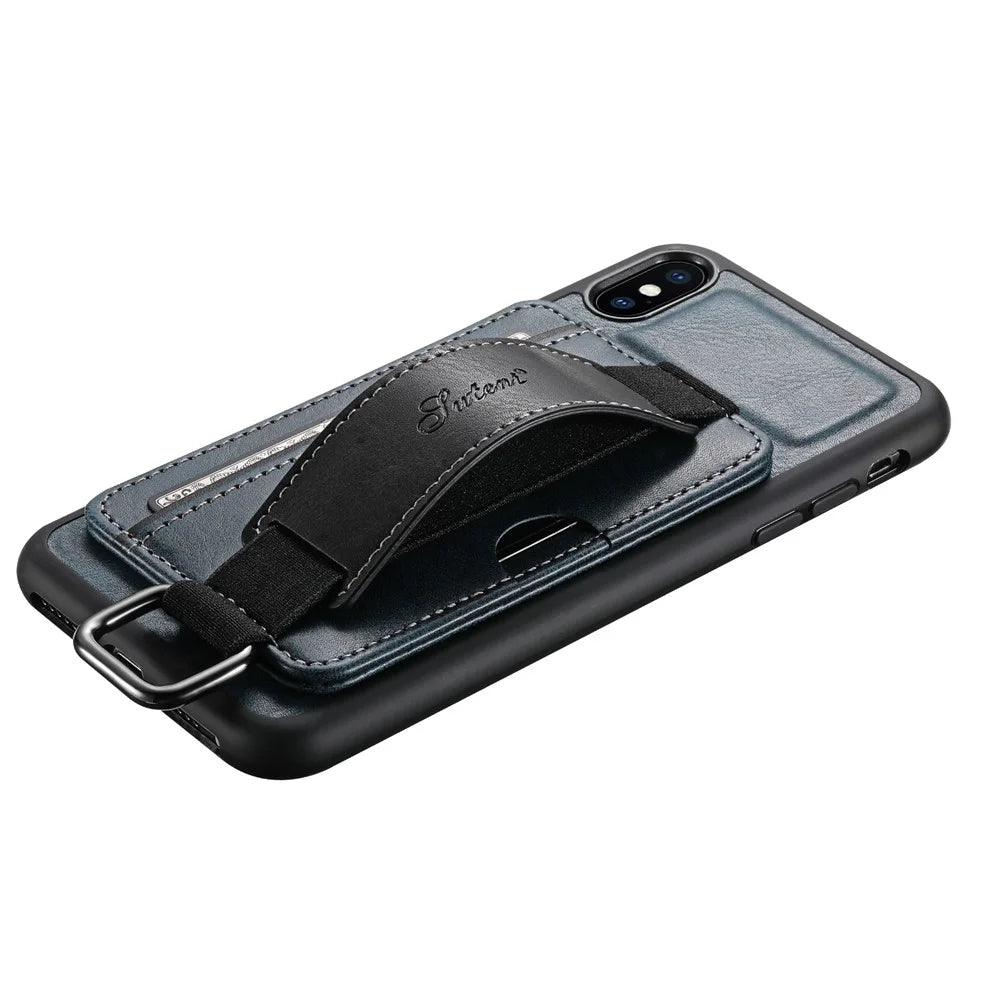SUTENI H13 Hand Strap Kickstand Phone Case for iPhone XS Max Card Holder PU Leather Coated PC + TPU Cover - Blue - 7