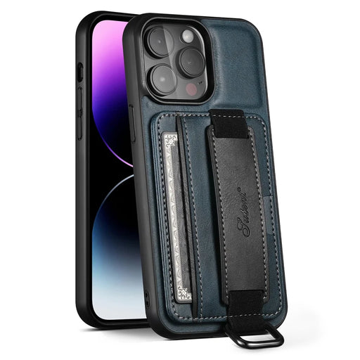 SUTENI H13 Phone Kickstand Case with Hand Strap for iPhone 14 Pro Max Card Holder Leather Coated PC + TPU Cover - Blue - 1