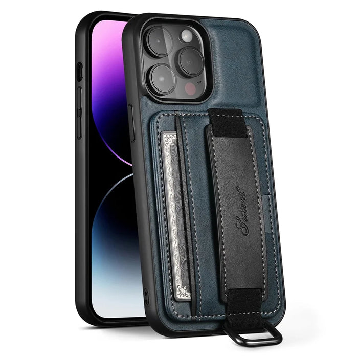 SUTENI H13 Phone Kickstand Case with Hand Strap for iPhone 14 Pro Max Card Holder Leather Coated PC + TPU Cover - Blue - 1