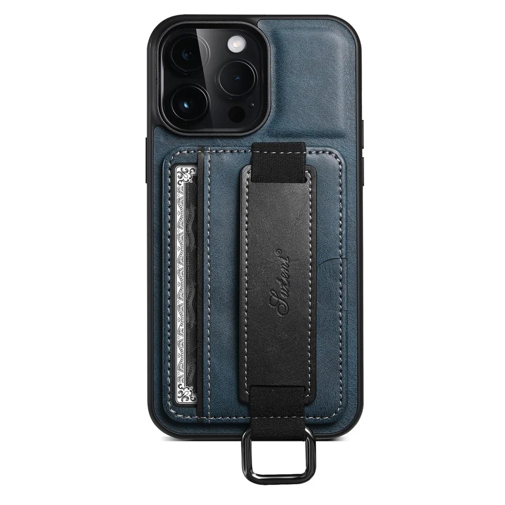 SUTENI H13 Phone Kickstand Case with Hand Strap for iPhone 14 Pro Max Card Holder Leather Coated PC + TPU Cover - Blue - 2