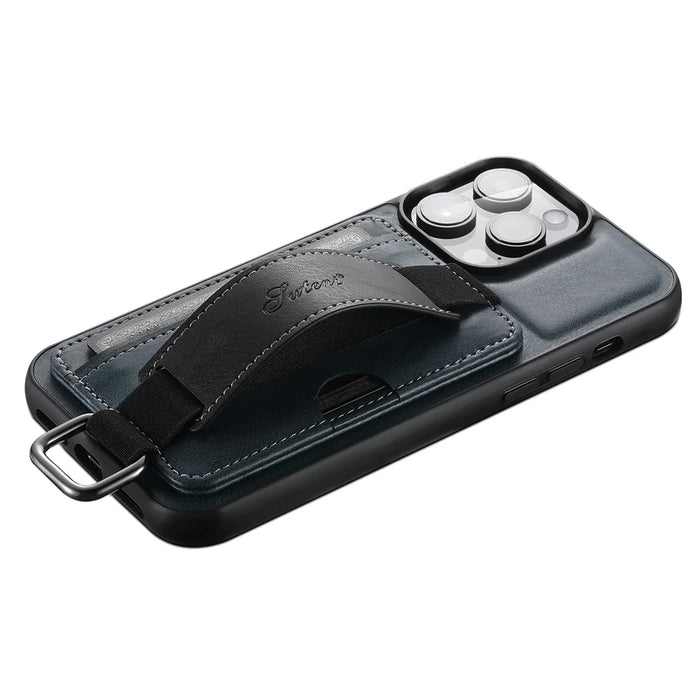 SUTENI H13 Phone Kickstand Case with Hand Strap for iPhone 14 Pro Max Card Holder Leather Coated PC + TPU Cover - Blue - 5